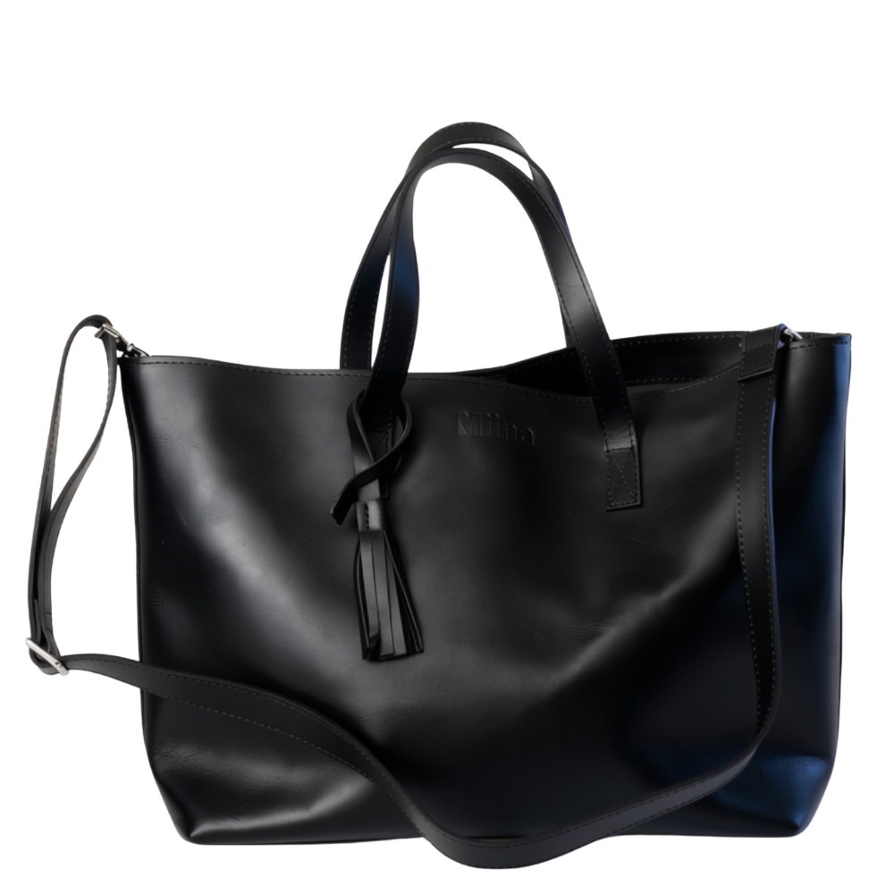 Christal leather tote in black colour  front view on white background