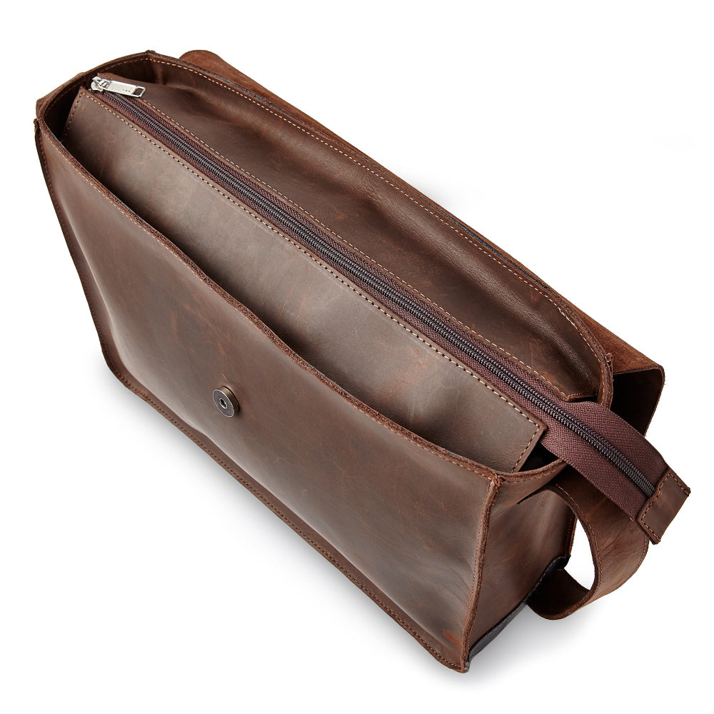 Gabriel leather messenger bag from Miina Goods  with zipper on a white background