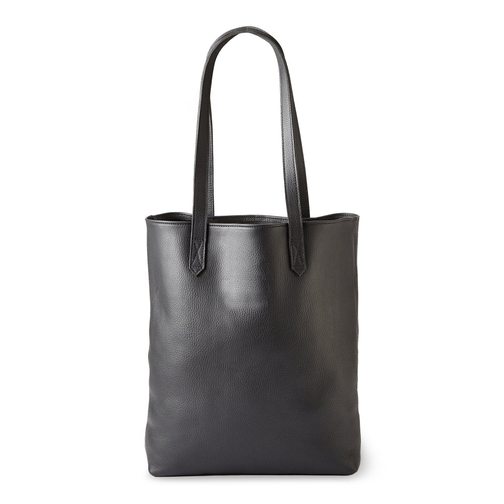 Black leather tote bag on a white background