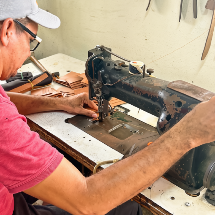A man wearing a white cap and glasses operates a vintage black industrial sewing machine at a worktable, stitching brown leather pieces in workshop.