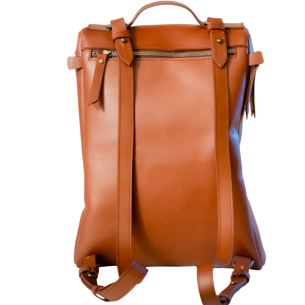 Miina Goods Leather Mochila backpack on white background with back view