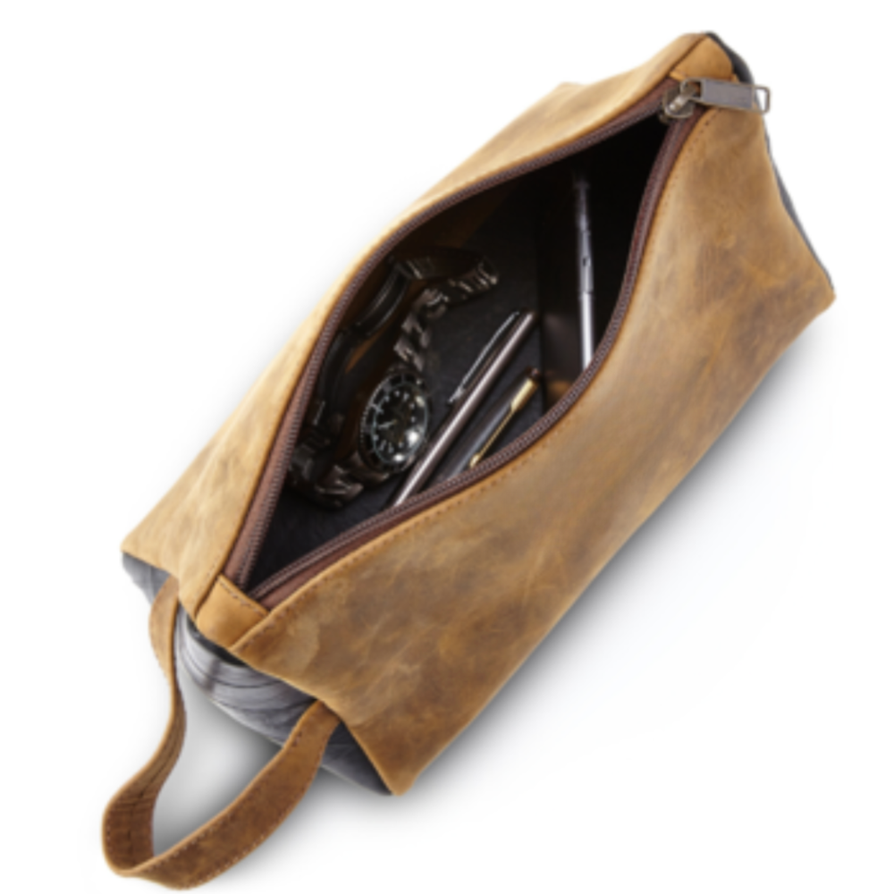 Miina Goods Montaña leather toiletry bag in antique brown leather with open interior