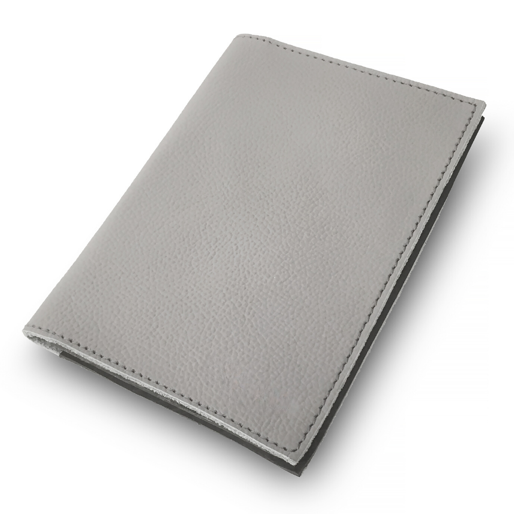 Pearson Upcycled leather passport holder in grey leather on a white background by Miina Goods