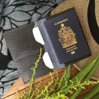 Pearson Passport holder in upcycled aircraft leather  on a wooden surface with decorative elements
