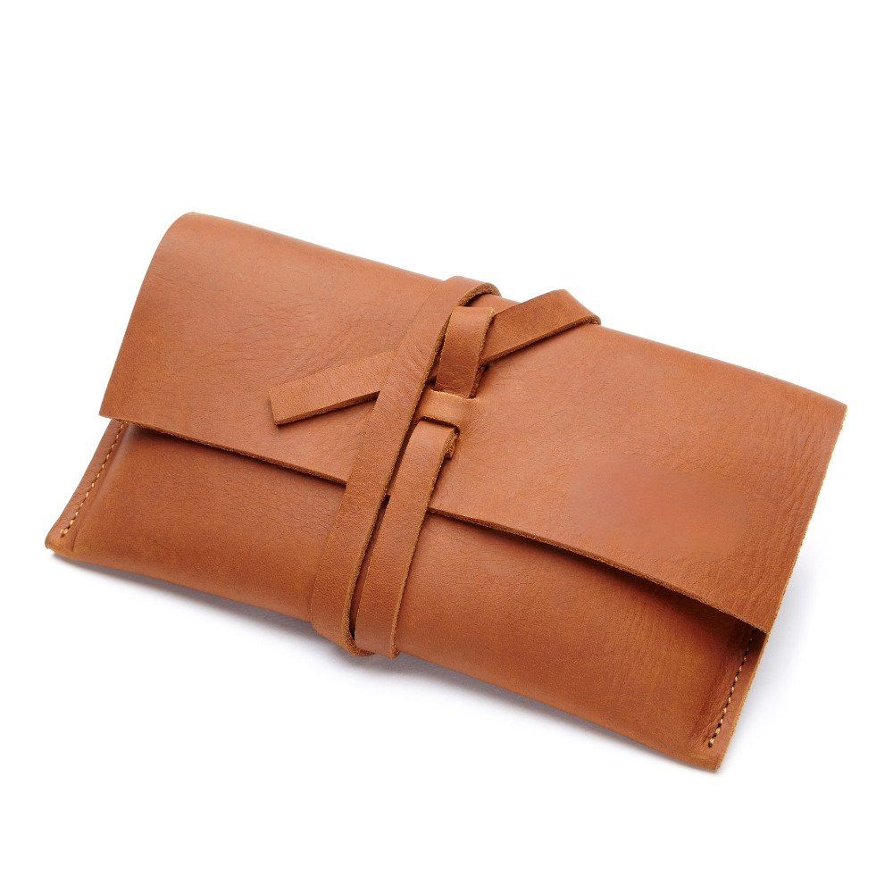 The Sandra caraml leather clutch wallet by Miina Goods closed