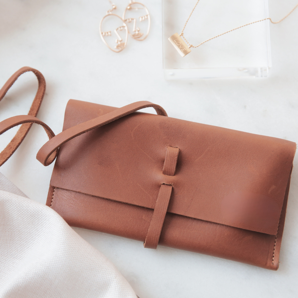 The Sandra caraml leather clutch wallet by Miina Goods