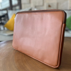 Side angle of Simpatico laptop case in caramel leather from Miina Goods. 
