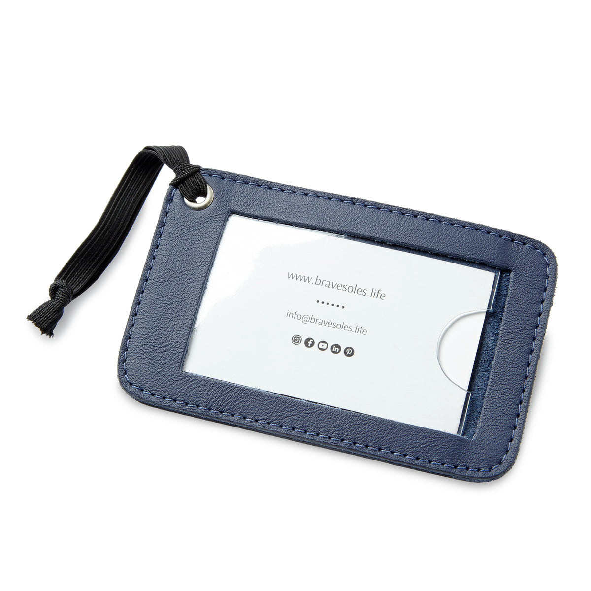 Miina Goods Blue leather luggage tag with a clear window for ID on a white background made from upcycled plane seat leather