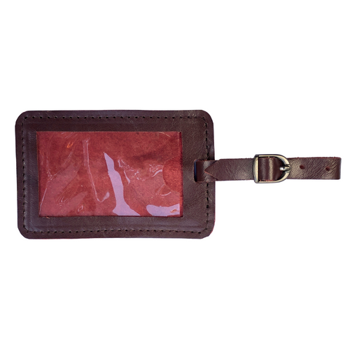 Miina Goods red  leather luggage tag  on a white background made from upcycled plane seat leather
