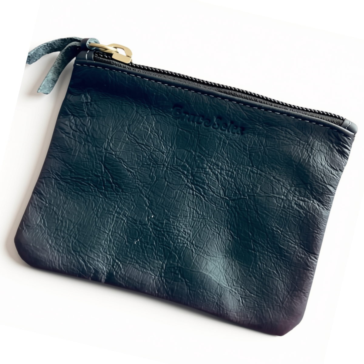 The dinero atlantic blue upcycled Airplane Leather Pouch on white background