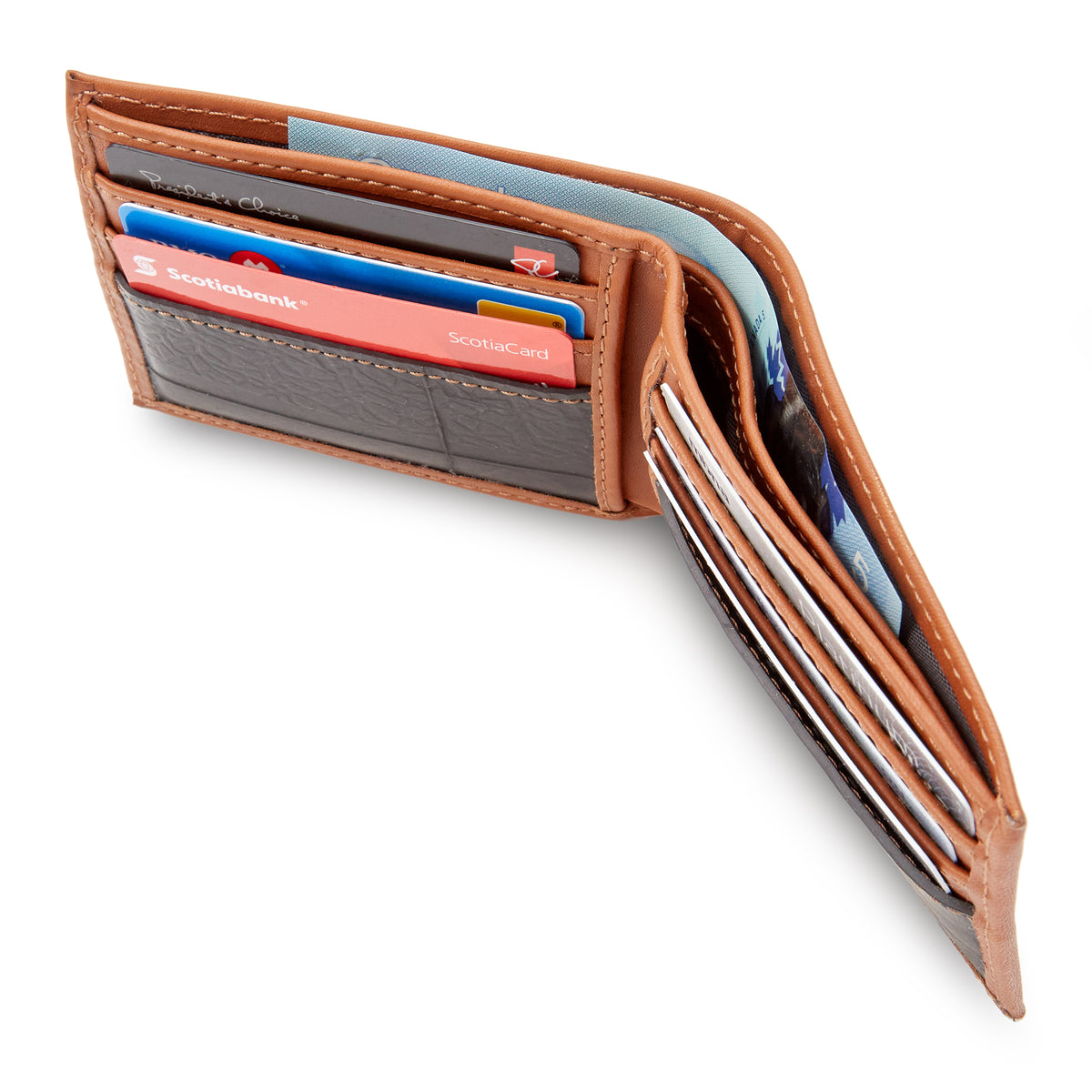 Miina Goods Nathan wallet in caramel colour on a white background open and showing the card slots interior