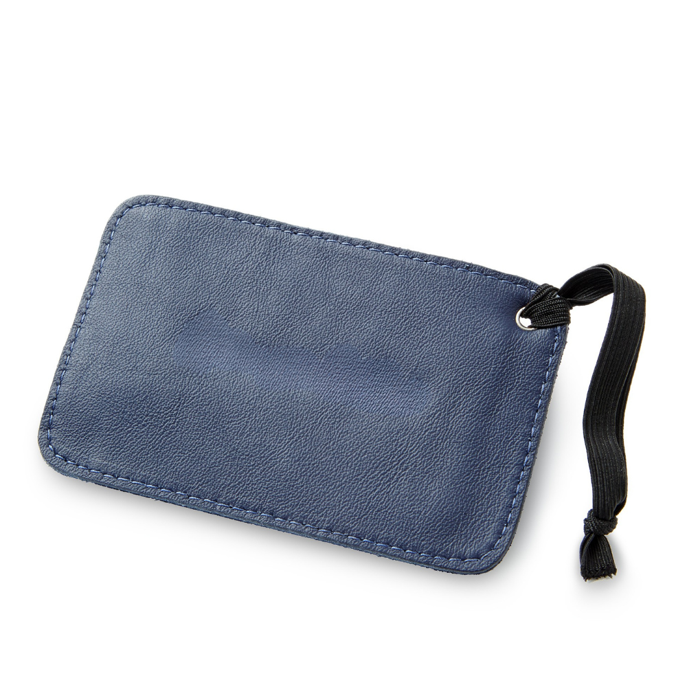 Miina Goods Blue leather luggage tag  on a white background made from upcycled plane seat leather